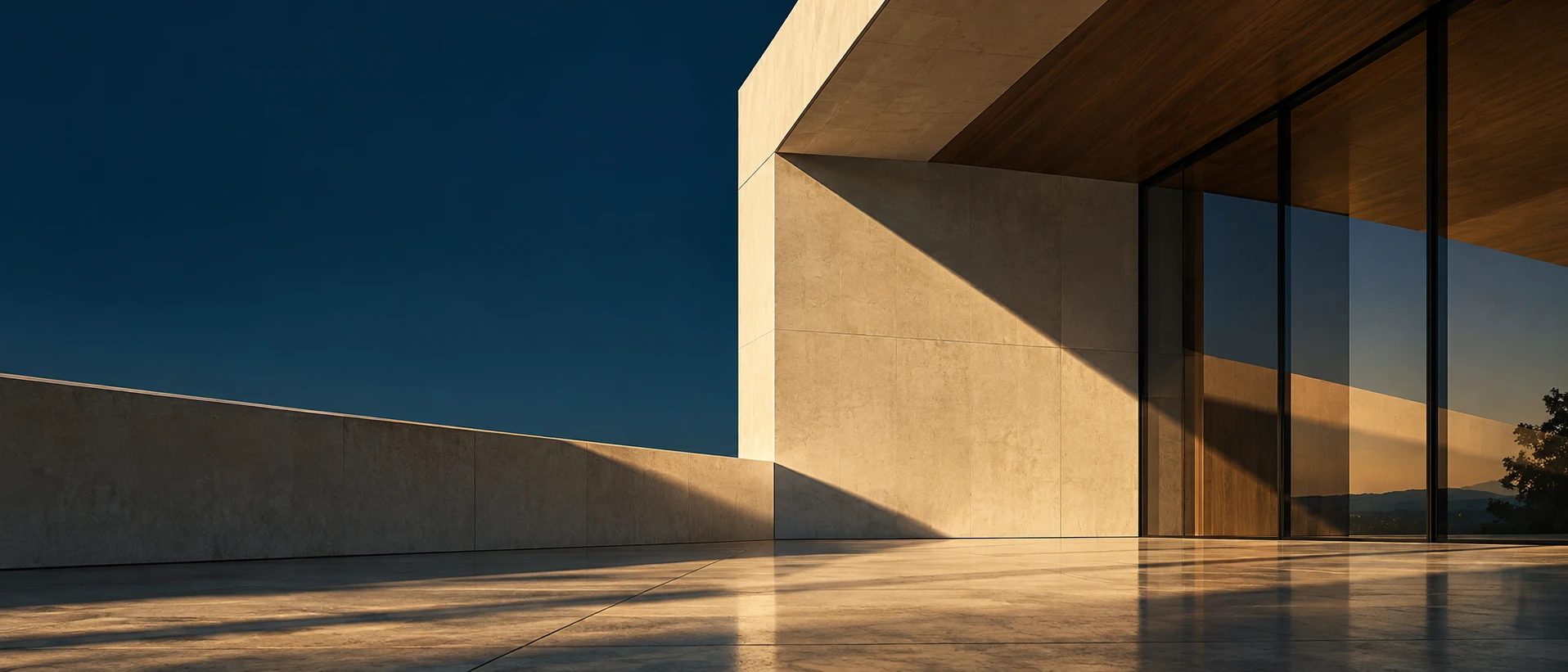 Minimal modern architecture with long warm shadows under a navy sky