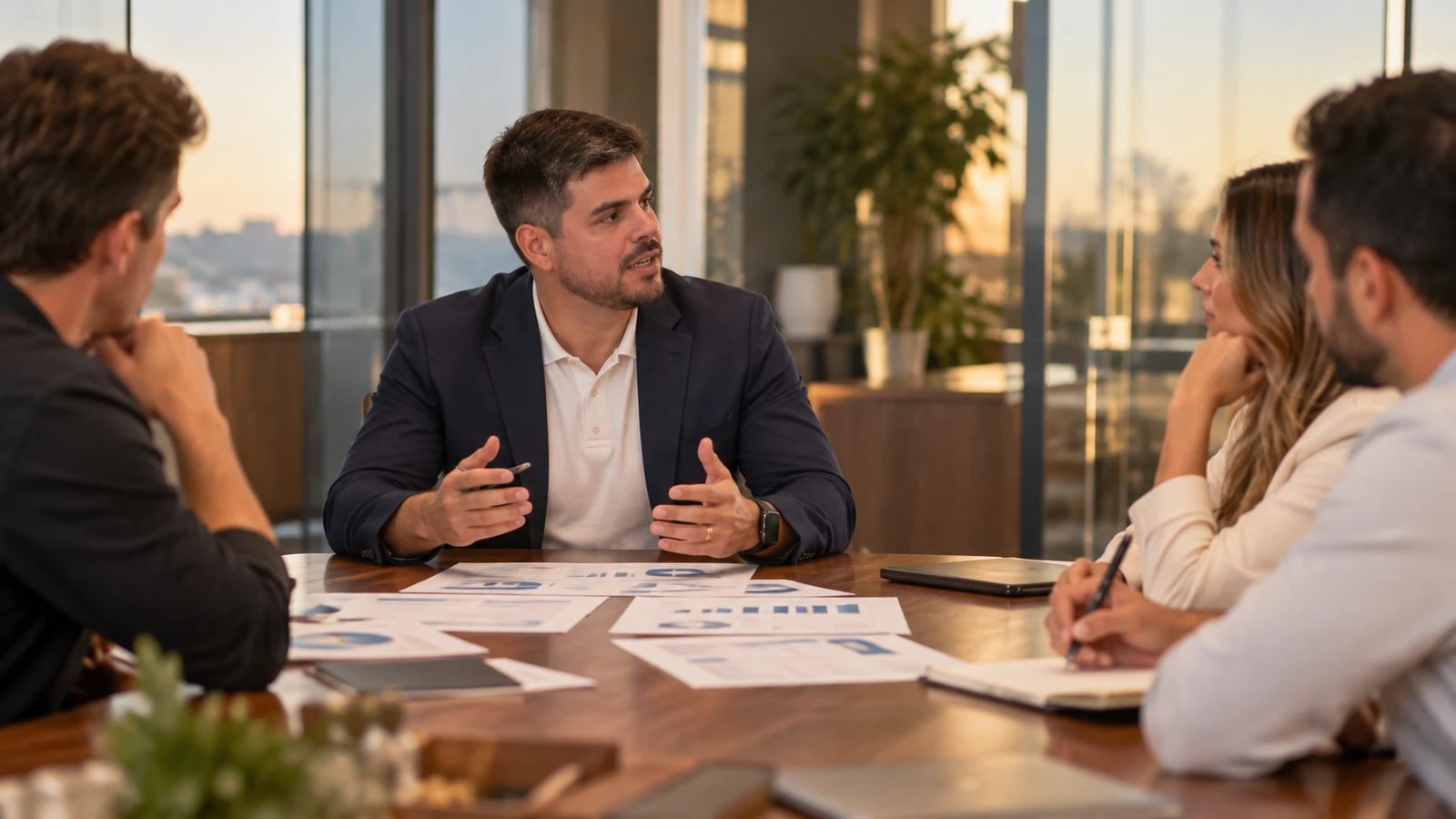 Pedro Monteiro leading a working session with business owners at a conference table