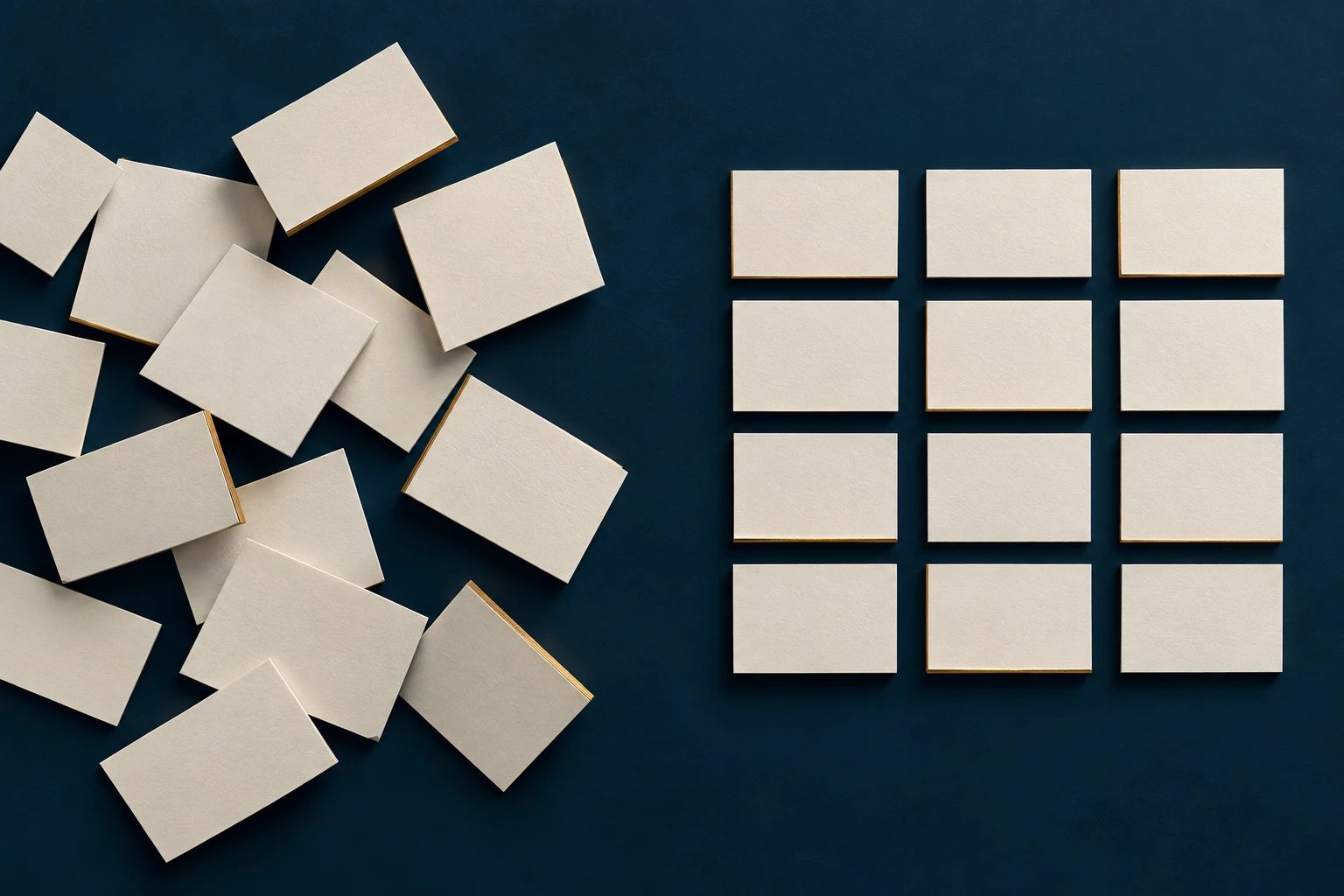 Scattered paper cards on the left arranged into clean columns on the right, on a navy surface