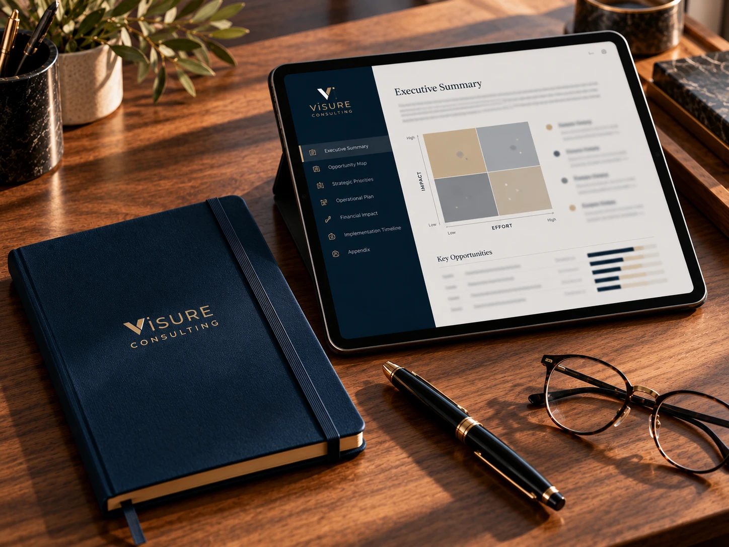 A Visure notebook and a tablet showing an executive summary with an impact and effort matrix