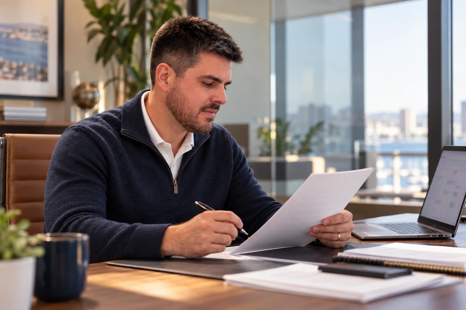 Pedro Monteiro reading a printed business brief at his desk