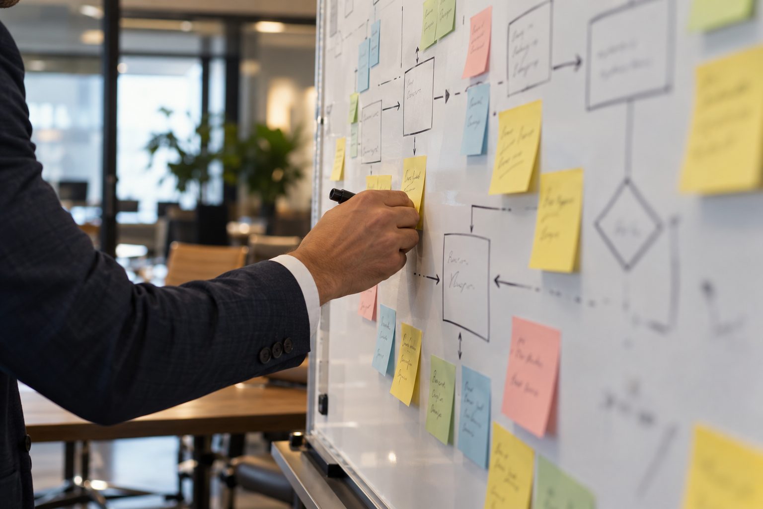 A hand organizing sticky notes on a whiteboard process map