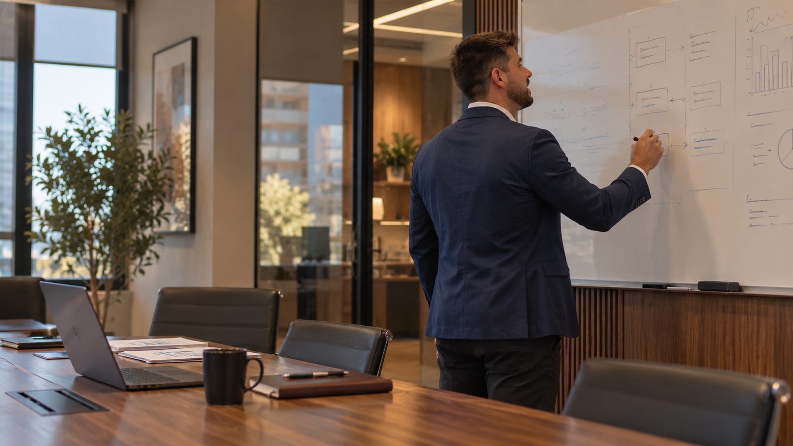 Pedro Monteiro writing a business strategy on a whiteboard in a glass conference room