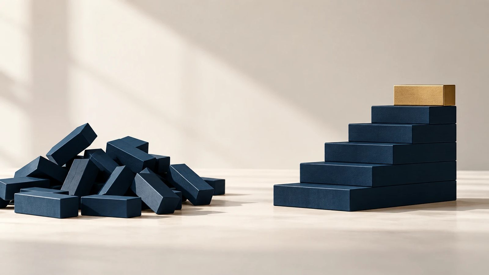 Navy blocks moving from a loose pile into an ascending staircase topped by a gold block