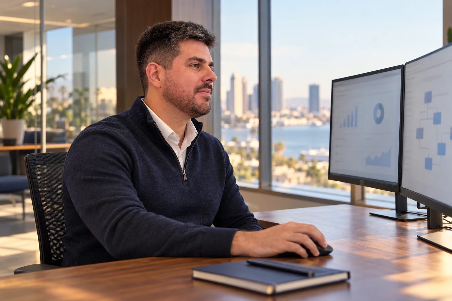 Pedro Monteiro at a workstation reviewing dashboards and a workflow diagram