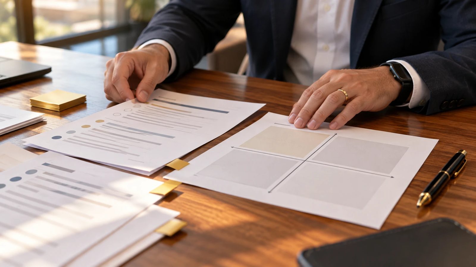 Hands arranging printed priority sheets and a two-by-two matrix on a walnut table